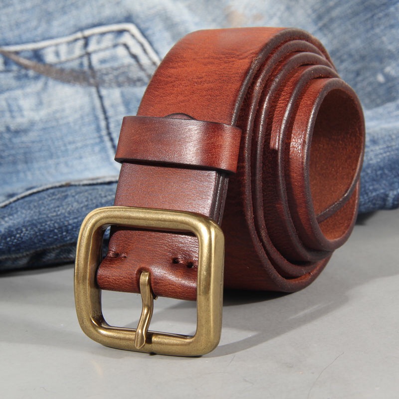 Hebilla de cobre de cuero para hombre, 3,8 cm, hecha a mano, primera piel de vaca pura, Retro, combina con todo, pantalones vaqueros informales, cinturón suave, marrón, negro, lujo