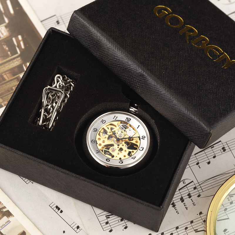 Silber Handaufzug Voller Stahl Taschenuhren Mode Einzigartige Skeleton Transparente Mechanische Taschenuhr Fob Kette