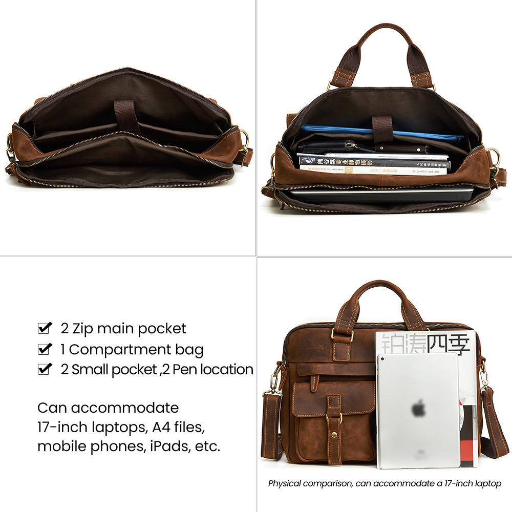 JOYIR – porte-documents en cuir pour hommes, sacoche en vrai cheval fou pour ordinateur portable 17 ", porte-documents d'affaires, sacs à bandoulière
