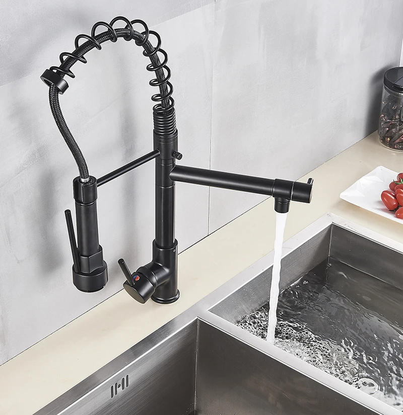 สีดําดึงทองเหลืองก๊อกน้ําอ่างล้างจานร้อนเย็นน้ํา Mixer Crane TAP Dual Spout 360 หมุนสูงก๊อกน้ําติดตั้ง