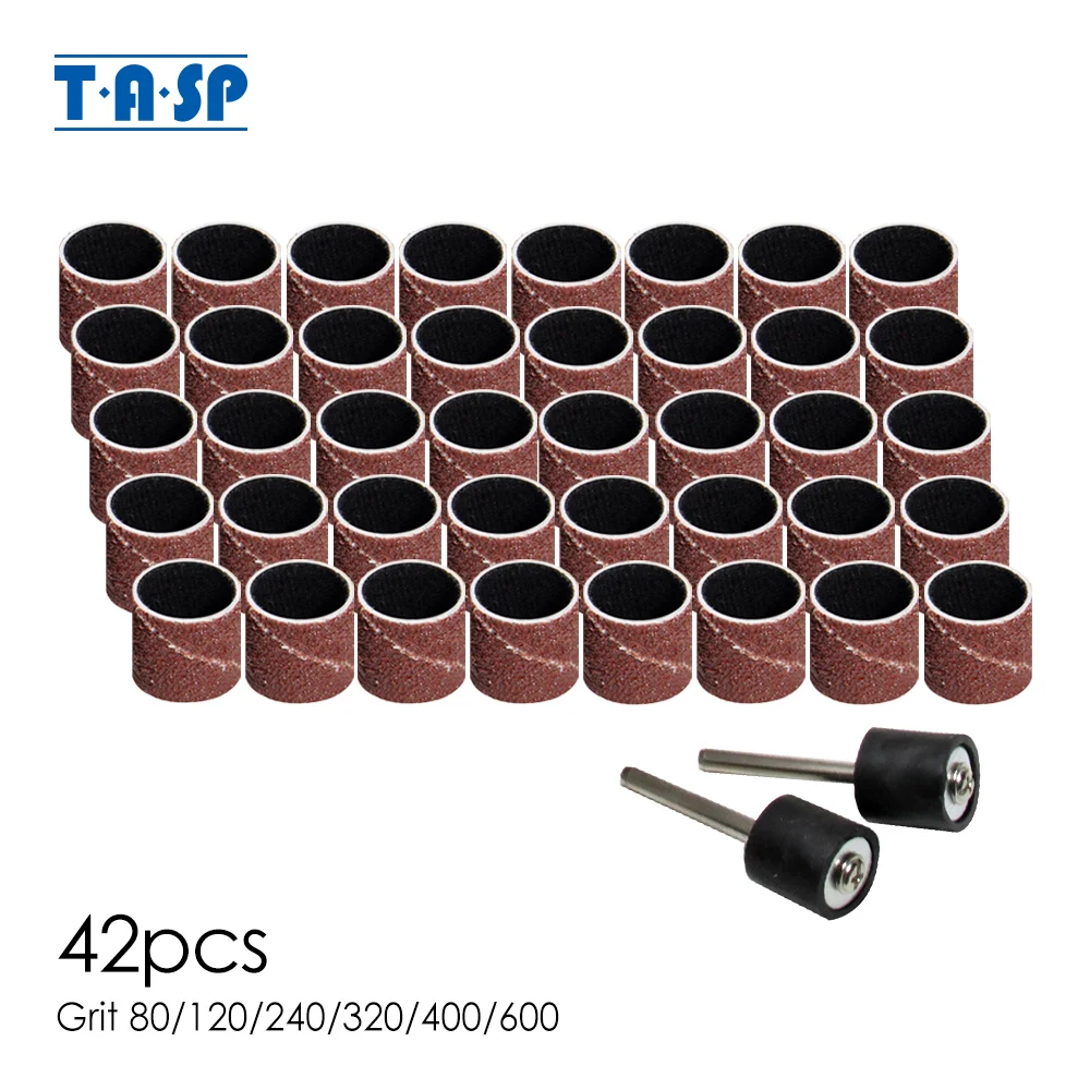 TASP-Kit de banda de lijado abrasivo, accesorios de herramientas rotativas de papel de lija con mandriles de grano 80 ~ 600, 42 Uds.