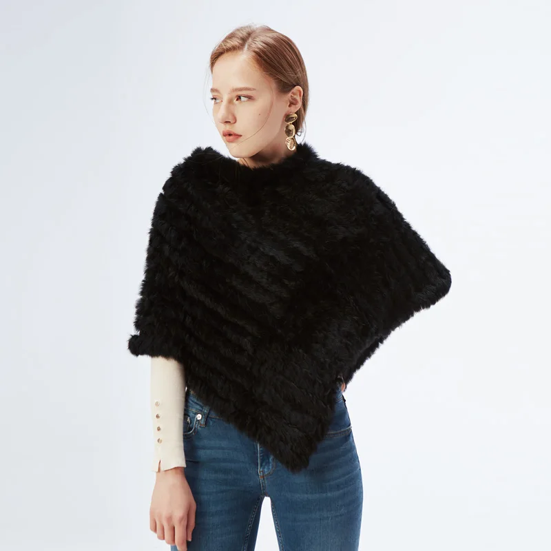 Moda pulôver de pele para as mulheres de malha de pele de coelho genuíno poncho capes senhoras malha de pele real amic envolve xales triângulo jaquetas
