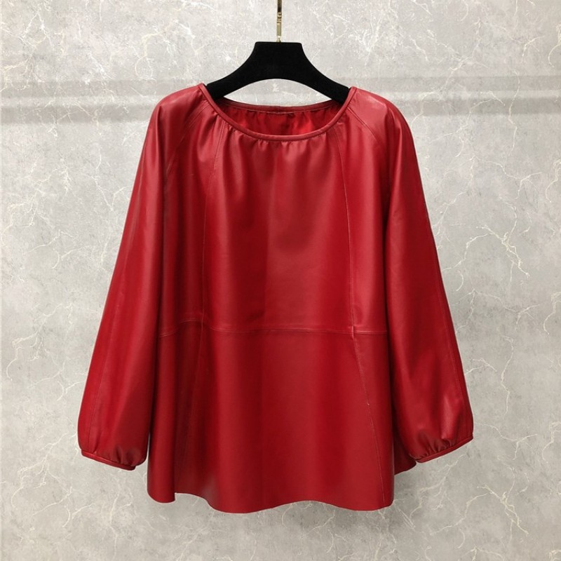 Mới Thời Trang Nữ Da Cừu Áo Thun Cổ Áo Dáng Rộng Thun Thắt Lưng Da Thật Chính Hãng Da Áo Khoác Nữ Tay Phồng Da Đầu