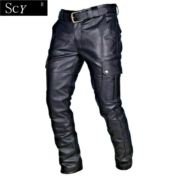 Calça masculina de couro para motocicleta com bolsos cargo, preta, calça de couro para motocicleta sem cinto