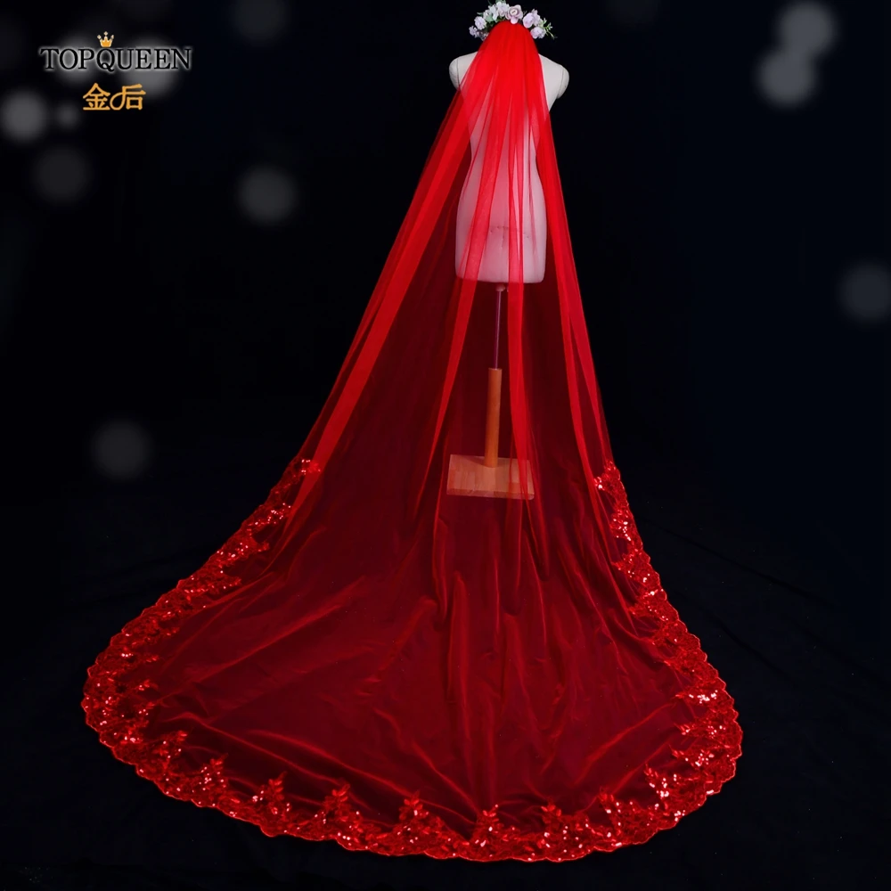 TOPQUEEN V86 Panjang 3M Pernikahan Tulle Kerudung dengan Payet Katedral Bordir Kerudung Pengantin dengan Sisir Merah Mengkilap Kerudung untuk Bride