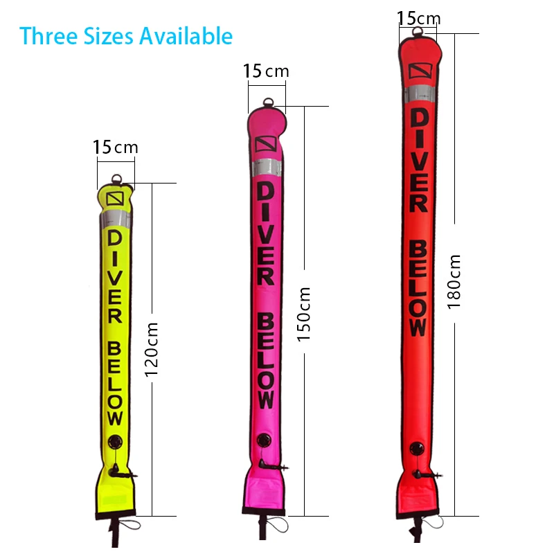 ดําน้ํา SMB 1.2m 1.5m 1.8m Buoy การมองเห็นที่มีสีสันความปลอดภัย Inflatable ดําน้ํา SMB พื้นผิวสัญญาณ Marker Buoy อุปกรณ์เสริม
