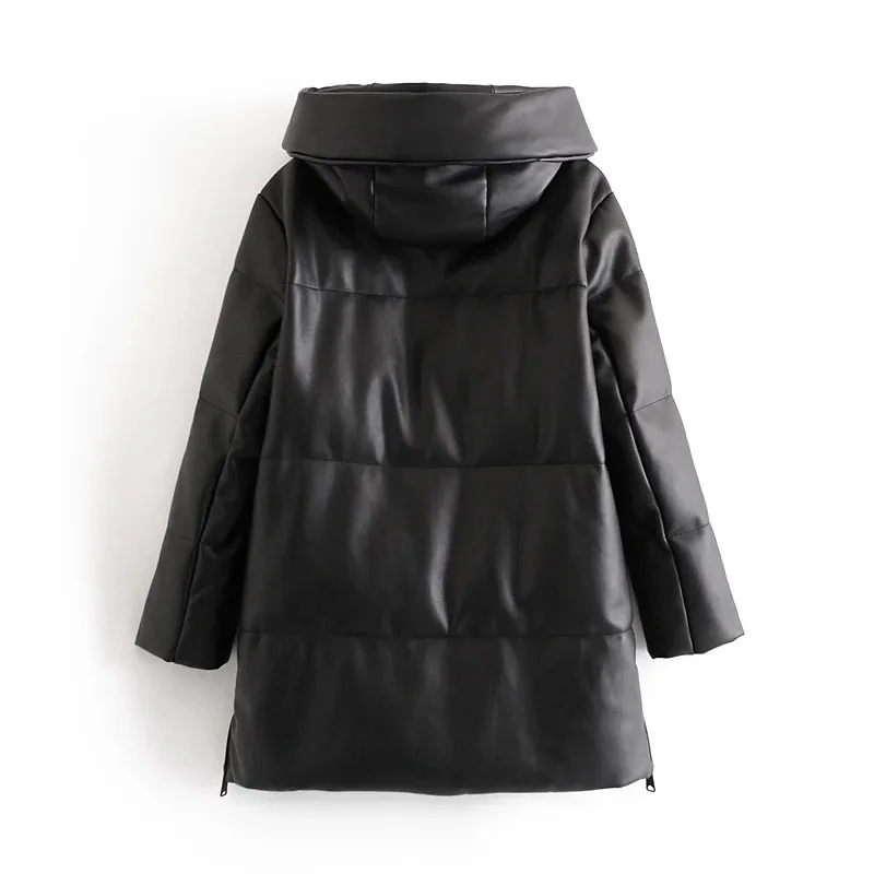 Chaqueta de algodón con capucha de imitación de cuero para mujer, abrigo holgado con cremallera, abrigo informal cálido de longitud media