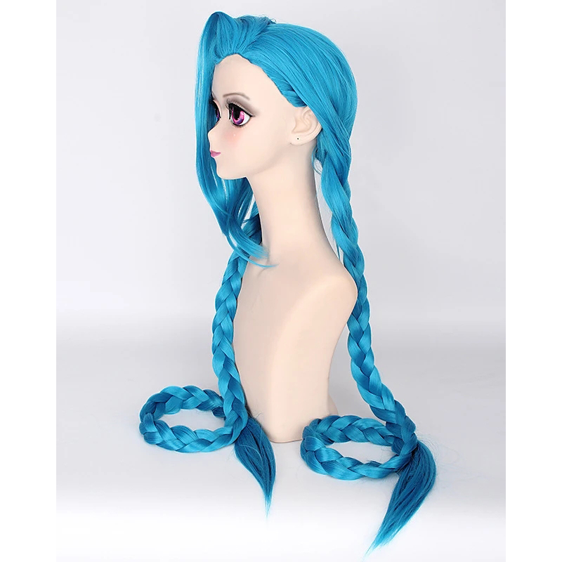 Hairjoy cosplay lol jinx 100cm longo azul com tranças duplas halloween anime traje peruca resistente ao calor cabelo sintético