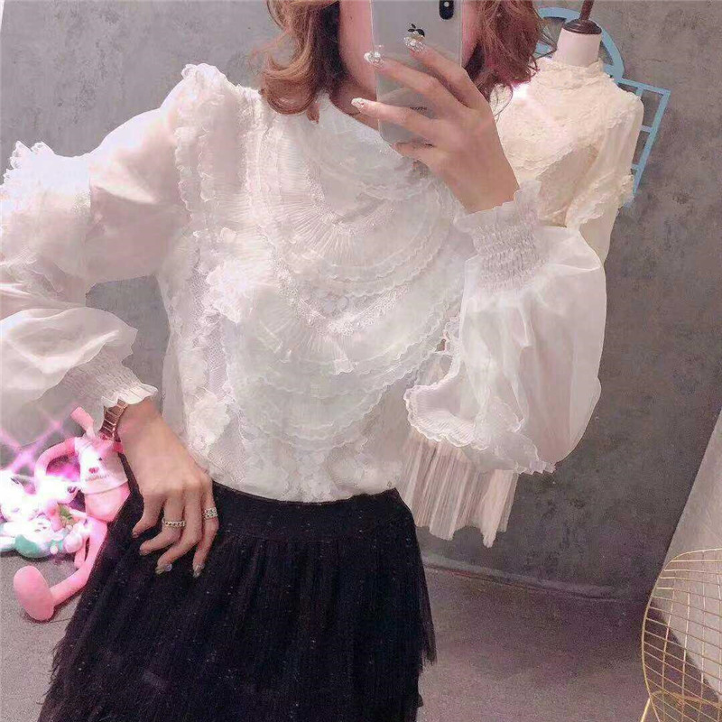 Camisa de renda feminina com lanternas florais doces, blusa de malha feminina com babados com fundo curto, primavera e outono, 1744