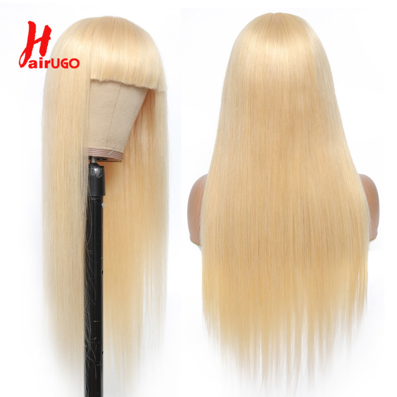 613 # blonde Echthaar Perücke mit Pony volle Maschine gerade Echthaar Perücken remy leimlose Perücken Fransen Perücken für Frau Haarugo