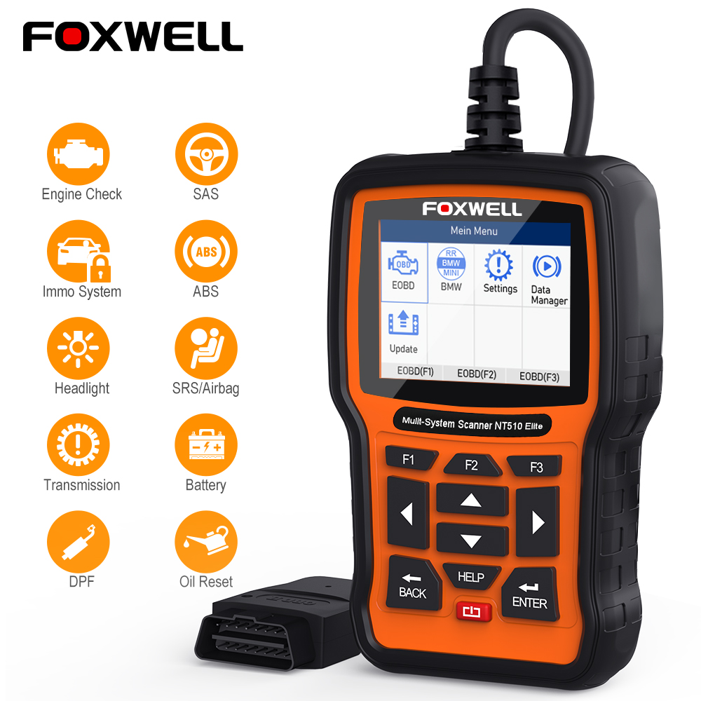 FOXWELL NT510 Elite OBD2 Kfz-Scanner, alle System-bidirektionale Steuerung, ECU-Codierung, IMMO A/F 30+, Reset-Autodiagnosetools