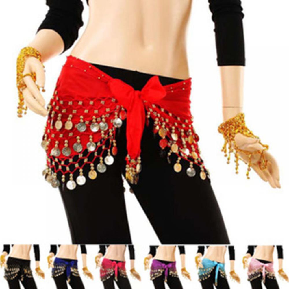 Accesorios de bufanda de cadera de danza del vientre para mujer, falda de cinturón de 3 filas con monedas de tono dorado, envoltura de cadena de cintura, Ropa de baile para adultos