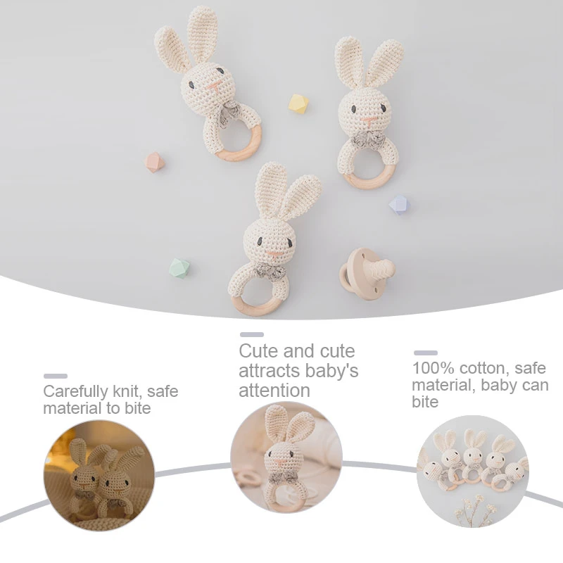 1PC 아기 Ratter 장난감 신생아 Amigurumi Teether 나무 Teether 크로 셰 뜨개질 동물 BPA 무료 딸랑이 장난감 아기 딸랑이 신생아를위한 선물