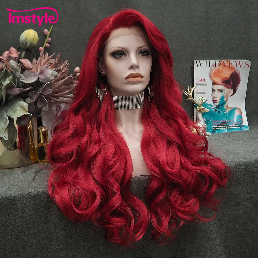 Imstyle 赤かつらロング合成レースフロントウィッグナチュラル波状コスプレウィッグ女性のための耐熱ファイバー白茶色のレースのかつら