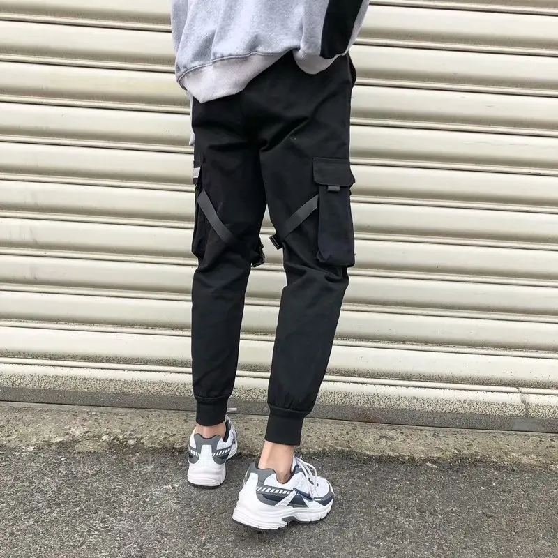 メンズリボン付きハーレムカーゴパンツ,ヒップホップストリートウェア,カジュアルポケット,トラックパンツ,原宿ファッション,2024