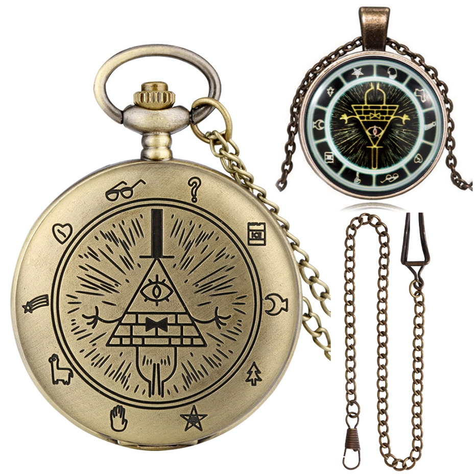 Vintage antigo quartzo gravidade bill cipher queda tempo gem relógio de bolso com caixa de presente conjunto colar pingente jóias para homens