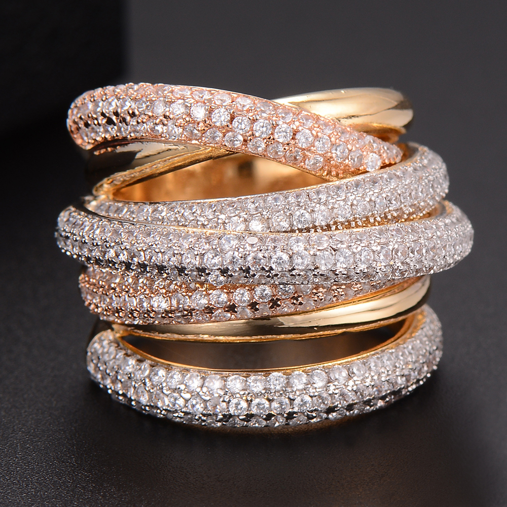 Merek Terkenal Desain Mewah Pernyataan Cincin Stackable untuk Wanita Pernikahan Kubik Zirkon Pertunangan Dubai Punk Pengantin Atas Hadiah Jari