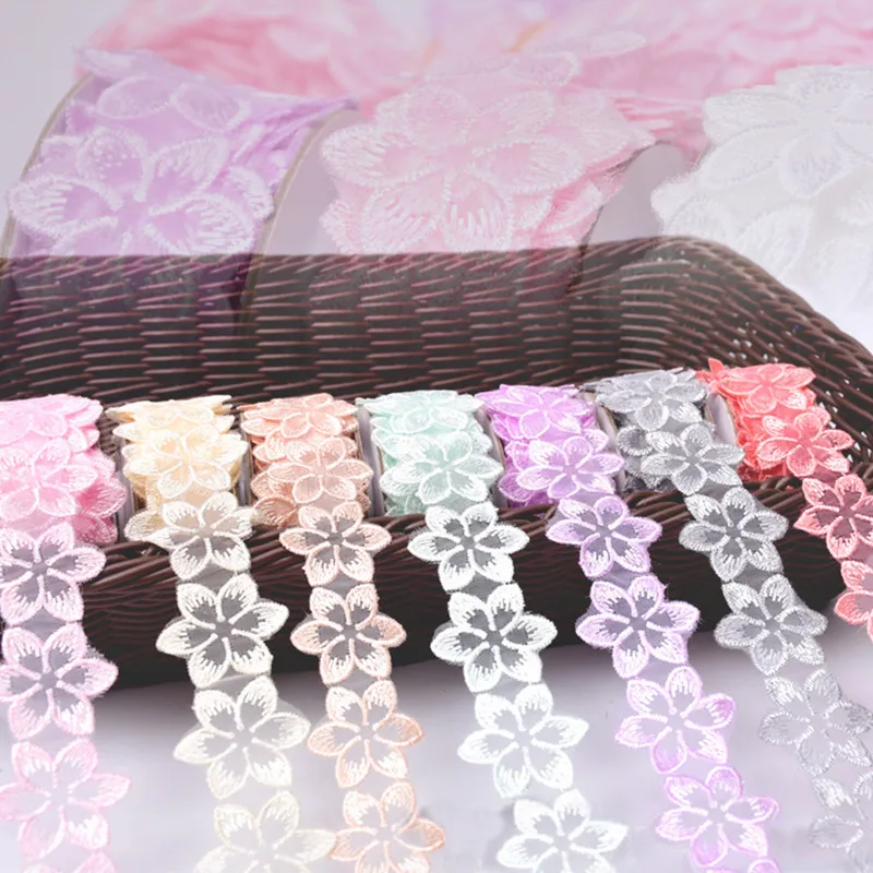 Único-camada bordado organza seis pétalas pequenas flores tecido de renda diy decote vestido saia acessórios de costura