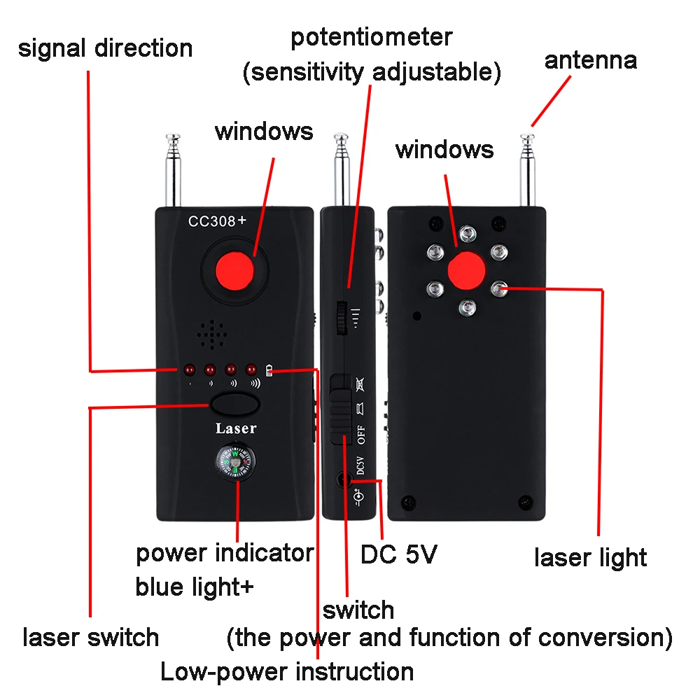 Full-Range Wireless Camera Lens Signal Detector CC308+Radio Wave Signal Detect Camera WiFi RF GSM Device Finder Protect Security
