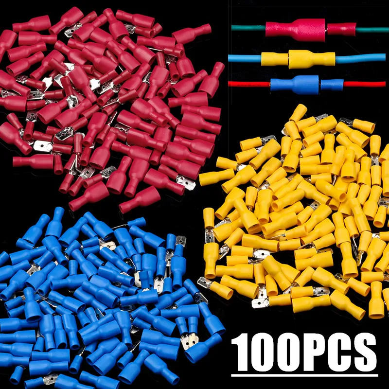 100 Uds (50 pares) terminales de pala de engarzado hembra y macho aislados empalme a tope 6,3mm conectores de Cable eléctrico enchufe de Cable de cableado