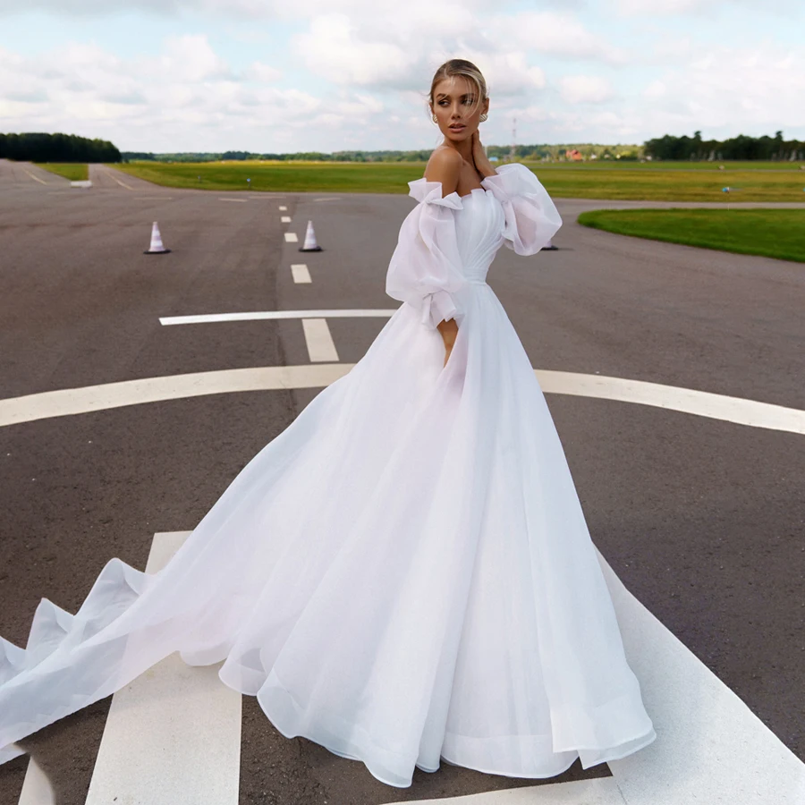Abiti da ballo con corpetto increspato senza spalline 2080 Abito da sposa in organza con maniche lunghe staccabili Abiti da sposa impero
