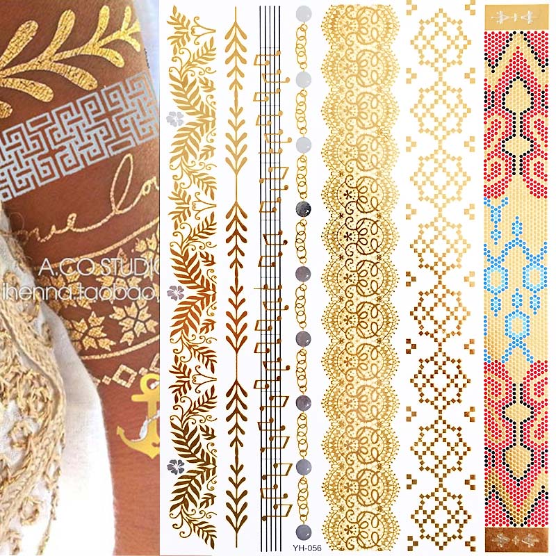 1 แผ่นแฟลช Boho Metallic Gold Feathers Shimmering เครื่องประดับเทศกาลรอยสักชั่วคราว