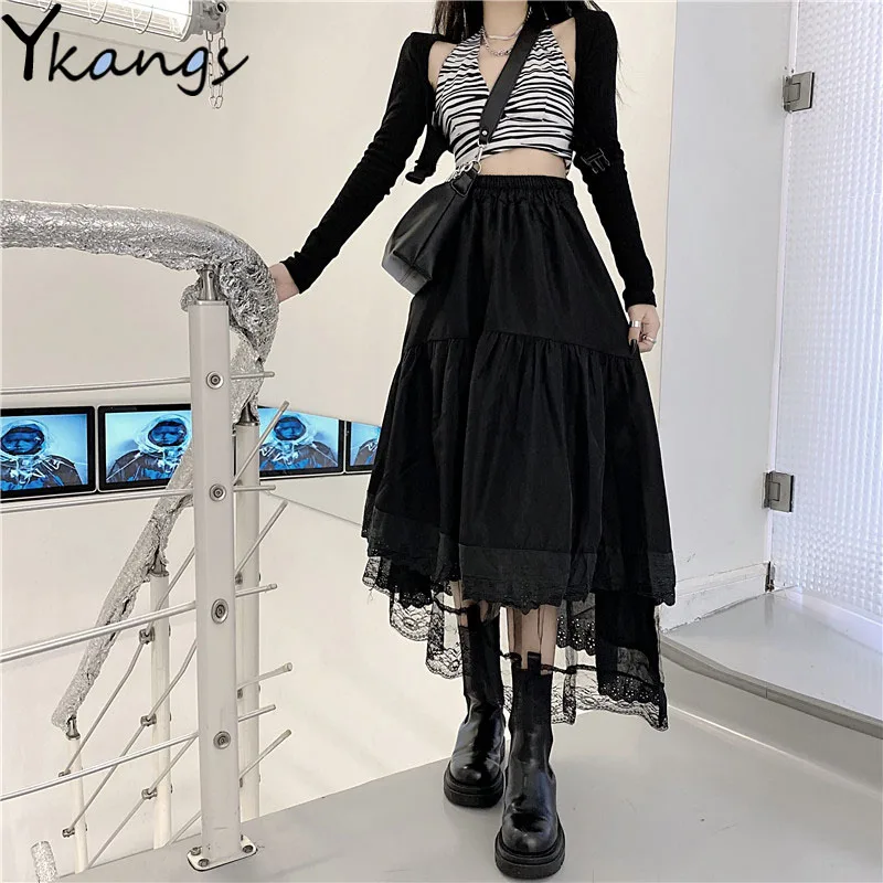 Y2k Gothic Tüll Falten Rock Schwarz Spitze Nähte Unregelmäßigen Midi Rock Frauen Vintage Hohe Taille Langen Rock Korea Solide Hip Hop