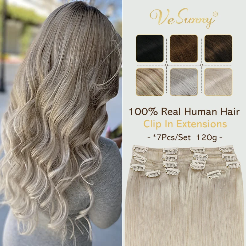 Vesunny clipe em extensões de cabelo humano trama dupla máquina feita perucas remy 7 pçs clipe em extensões marrom escuro loiro 100gr