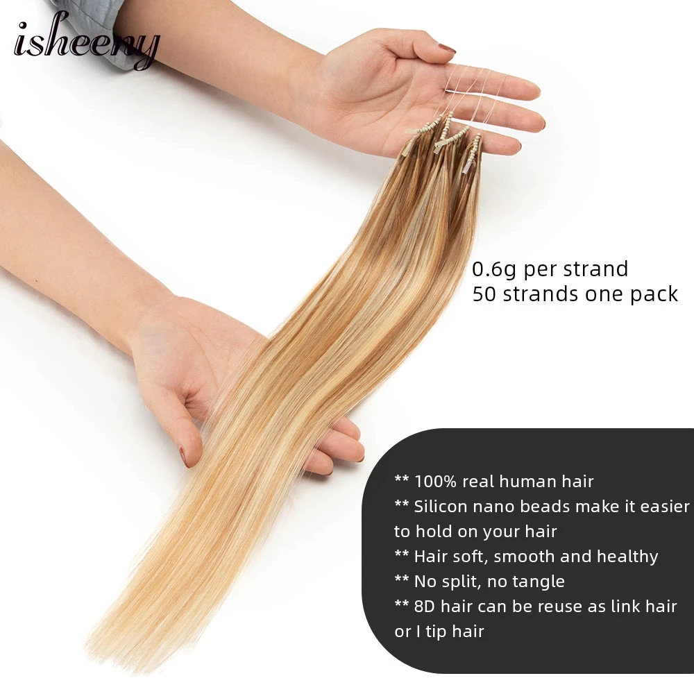 Isheeny 8d extensões de cabelo humano loira 12 "16" 20 "nano anel link extensões 0.6 g/s máquina remy humano microlink contas cabelo