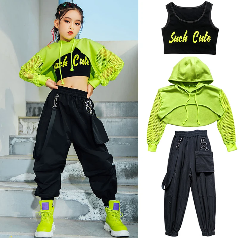 Jazz Kostüm Hip Hop Mädchen Kleidung Grün Tops Net Hülse Schwarz Hip Hop Hosen Für Kinder Leistung Moderne Tanzen Kleidung BL5311