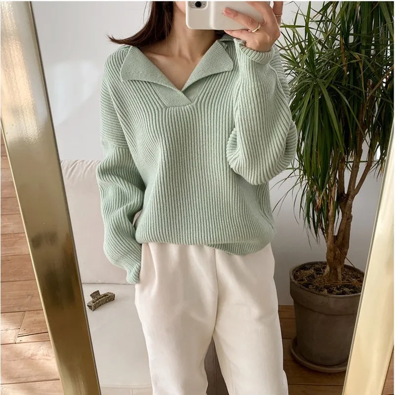 เกาหลีใต้หญิงฤดูใบไม้ร่วงครึ่งเปิด V-Lapel Pullover ฉบับภาษาเกาหลียาวแขนยาวสวมใส่เสื้อกันหนาว