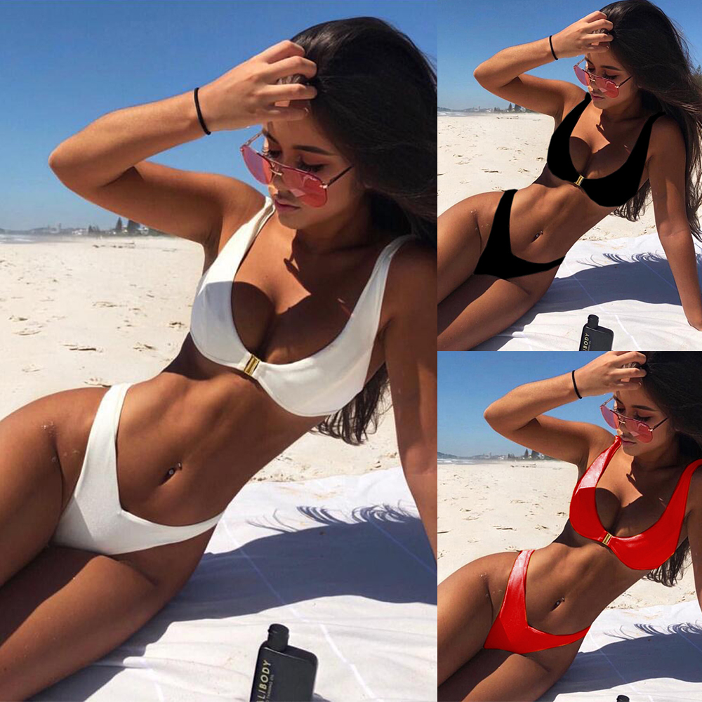Maillot de bain brésilien pour femmes, couleur unie, Sexy, Bikini, ensemble deux pièces, taille basse, vêtements de plage, d'été
