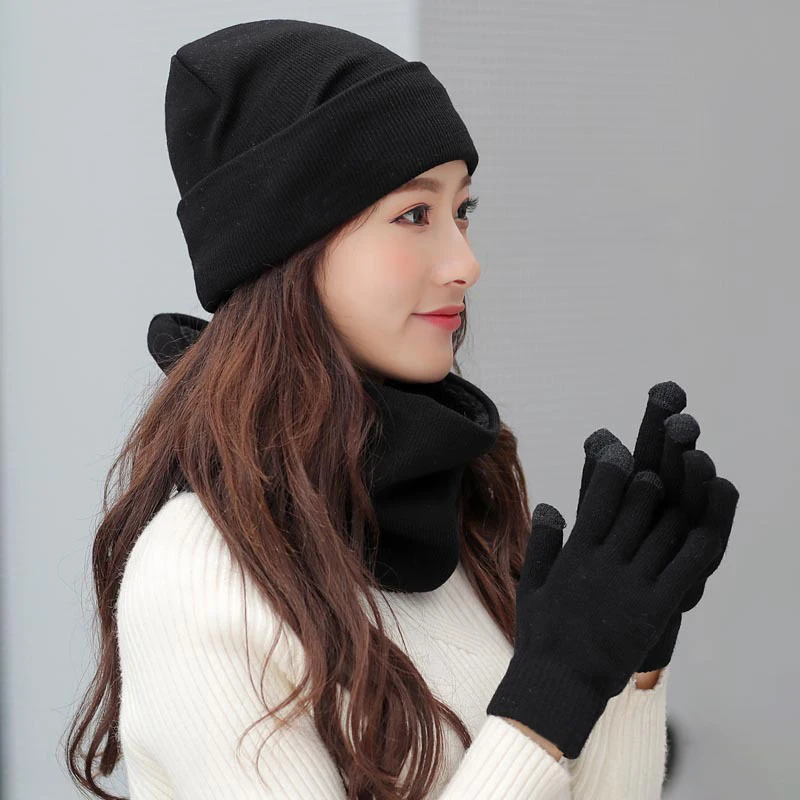 Conjunto de gorro y bufanda de terciopelo para hombre y mujer, Kit de guantes y bufandas de punto a la moda, conjunto de 3 piezas por juego, invierno