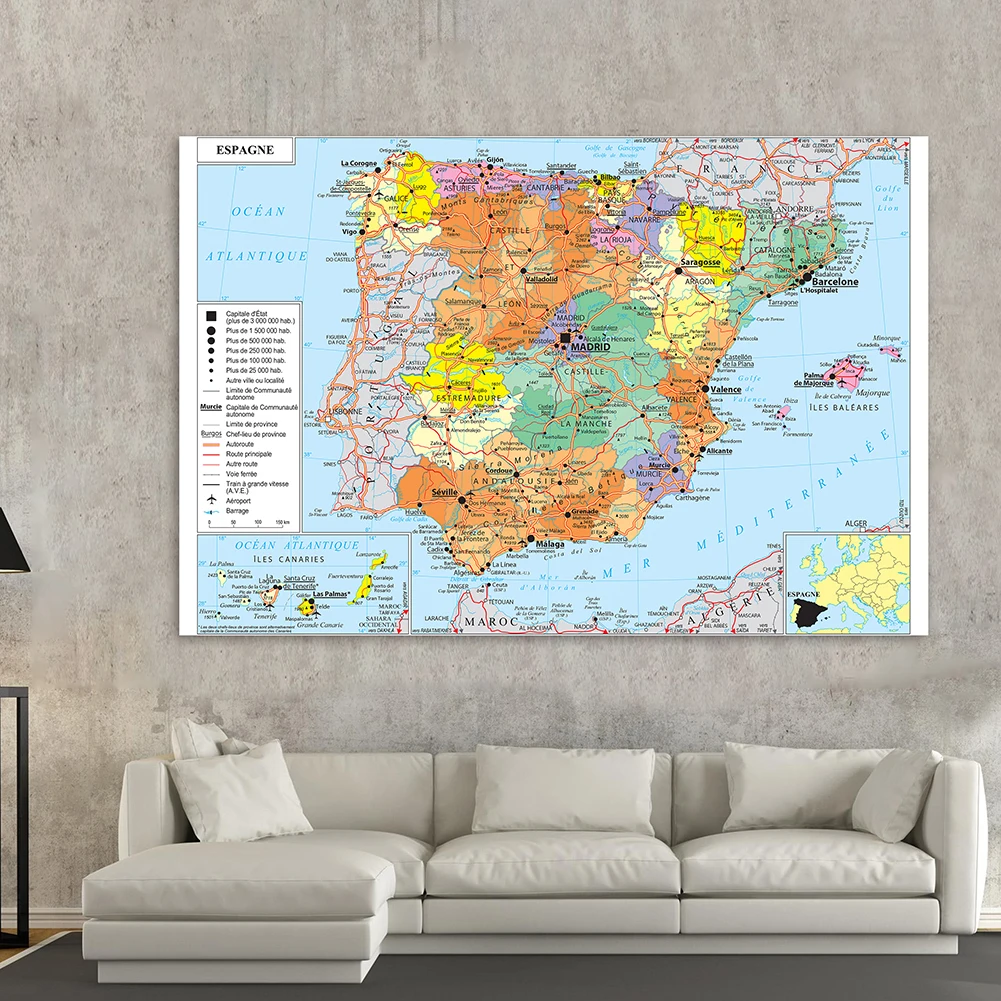 225*150Cm Giao Thông Vận Tải Bản Đồ Của Tây Ban Nha Trong Tiếng Pháp Không Dệt Tranh Canvas Chi Tiết Tấm Áp Phích Lớn Nhà trang Trí Đồ Dùng Học Tập