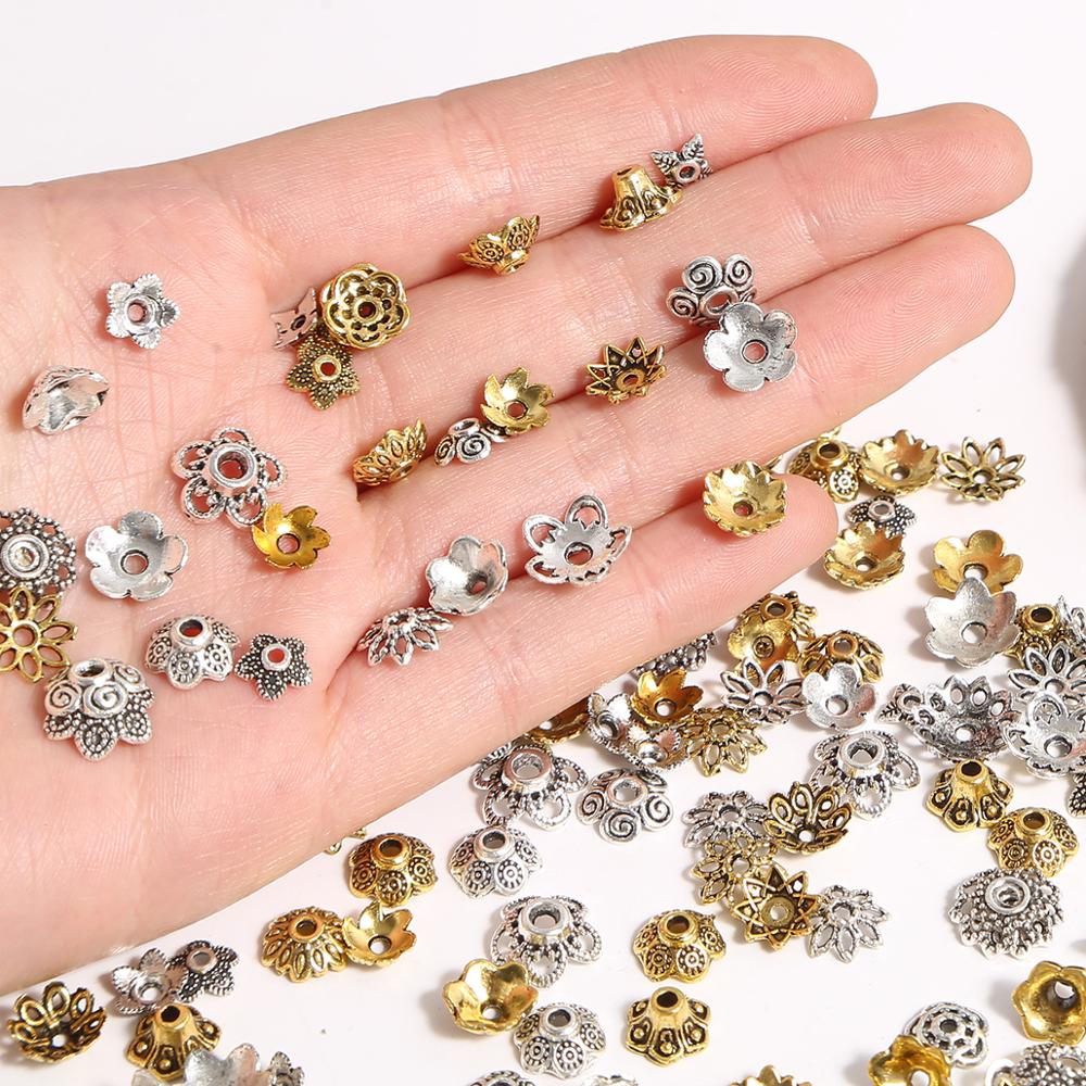 50 個チベットアンティークシルバーカラー金箔フラワービーズエンドキャップジュエリーメイキング用針仕事スペーサービーズキャップ DIY アクセサリー