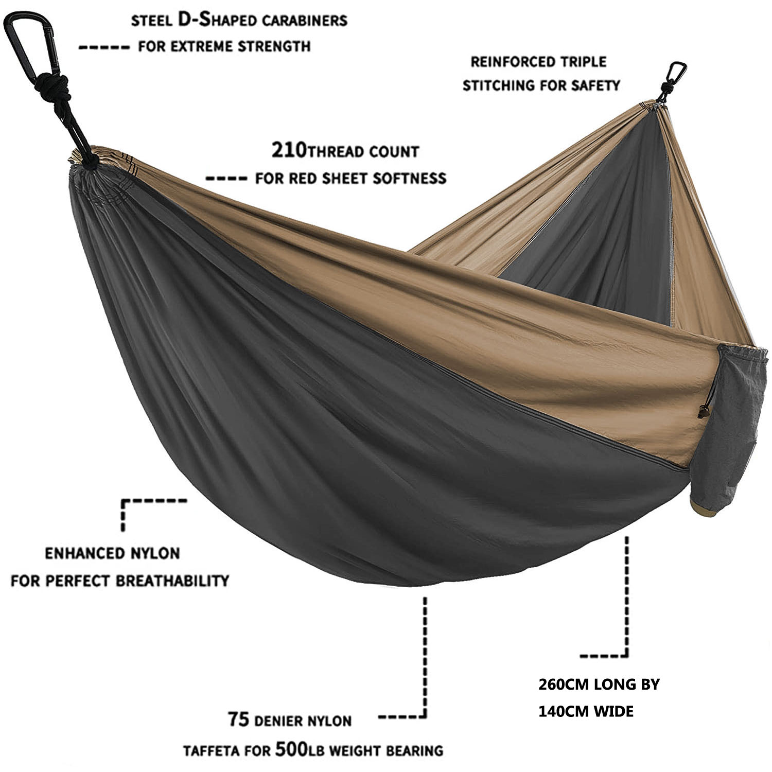 Hamaca de paracaídas de color sólido con correas para hamaca y mosquetón negro, muebles de exterior para acampar, supervivencia, viajes, persona doble
