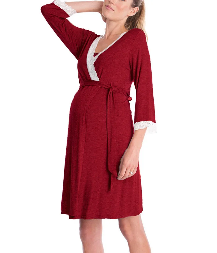 Mulheres grávidas renda pijamas com cinto ajustável, robe para maternidade, camisola, pijama vestido, roupa de gravidez