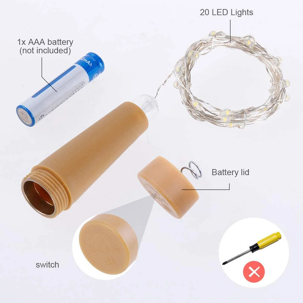 10 unids/lote botella de vino luz LED corcho cadena luces con pilas alambre plateado luces de hadas para fiesta Navidad decoración de mesa de boda