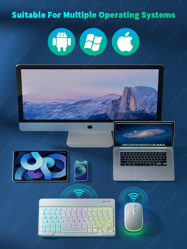 タブレット Android iOS Windows 用キーボード ワイヤレス マウス キーボード Bluetooth 互換レインボー バックライト付きキーボード iPad 電話用