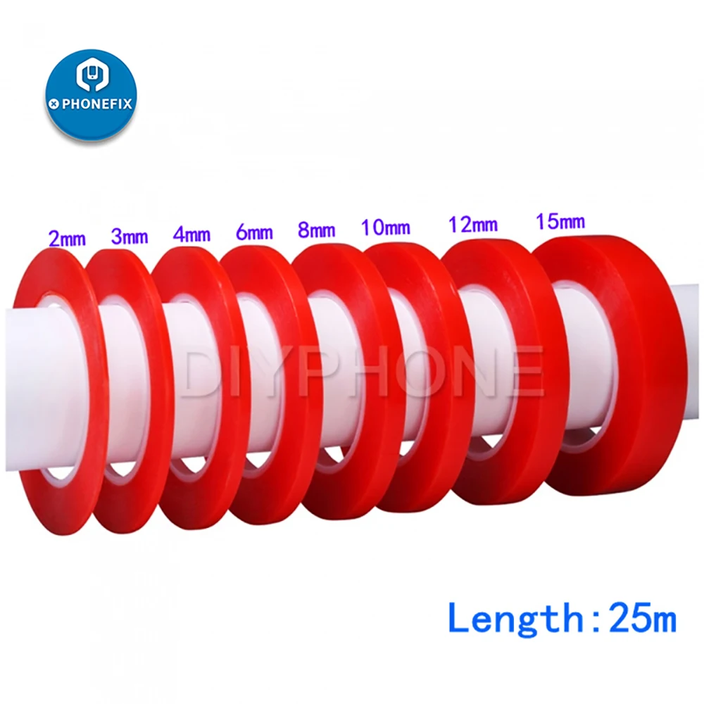 Cinta adhesiva de doble cara 2 / 4 / 6 / 8/10mm x 25M cinta adhesiva transparente de película roja PET acrílica para reparación de pantalla táctil de teléfono móvil