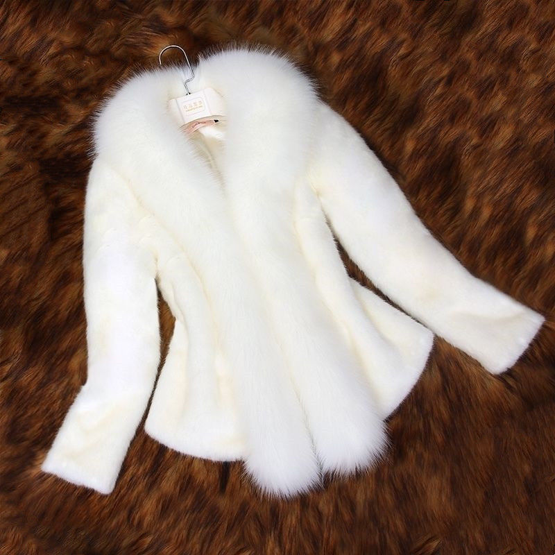สีขาวFaux Fur Coatผู้หญิงสั้นฤดูใบไม้ร่วง/ฤดูหนาว2021ใหม่เลียนแบบFox Fur Collar Slim Jacketเสื้อผ้าผู้หญิงแจ็คเก็ตหญิง