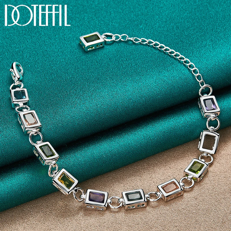 DOTEFFIL Bạc 925 Vuông Khảm Nhiều Màu Đá Zircon AAA Vòng Tay Dây Chuyền Cho Người Phụ Nữ Tham Gia Đảng Cưới Trang Sức