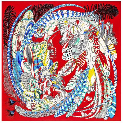 Syal Persegi Sutra 130Cm Syal Besar Wanita Syal Sapu Tangan Mewah Bandana Persegi Desain Bulu Warna-warni Syal Wanita Pelanggaran