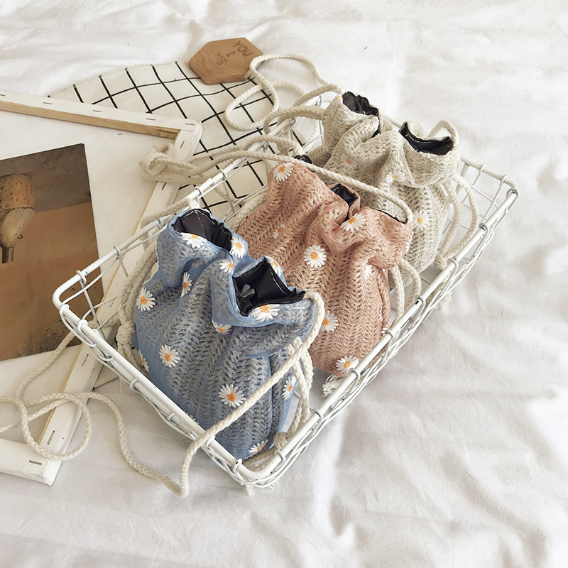 Mini bolsa de ombro para as mulheres, rendas, padrão floral, corda, bolsas de verão, estilo coreano, doce, combinar tudo