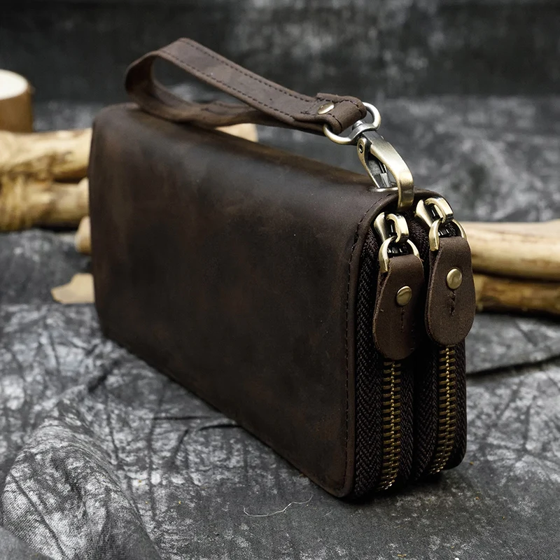 Monedero Retro de cuero Crazy Horse para hombre, bolso de mano con doble cremallera, 24 tarjetas, cartera larga Vintage de cuero genuino para mujer