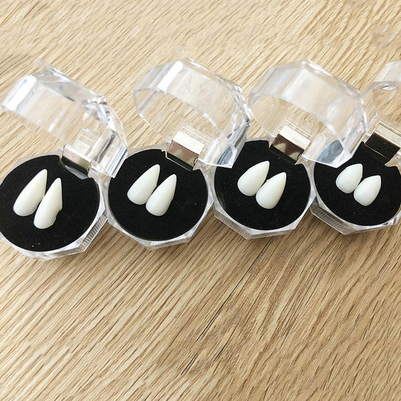 1 par de colmillos de dientes de vampiro, accesorios para dentaduras postizas, accesorios para disfraz de Halloween, pegamento sólido, adhesivo para dentadura, decoración para fiesta de Halloween