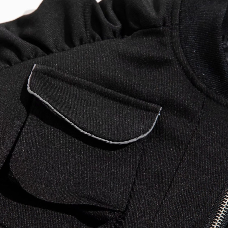 Jaket Bomber Saku Leher-o Wanita Musim Gugur Chic Mantel Kardigan Ramping Hitam Ritsleting Motor Atasan Potong Lengan Lipit Panjang Chaqueta