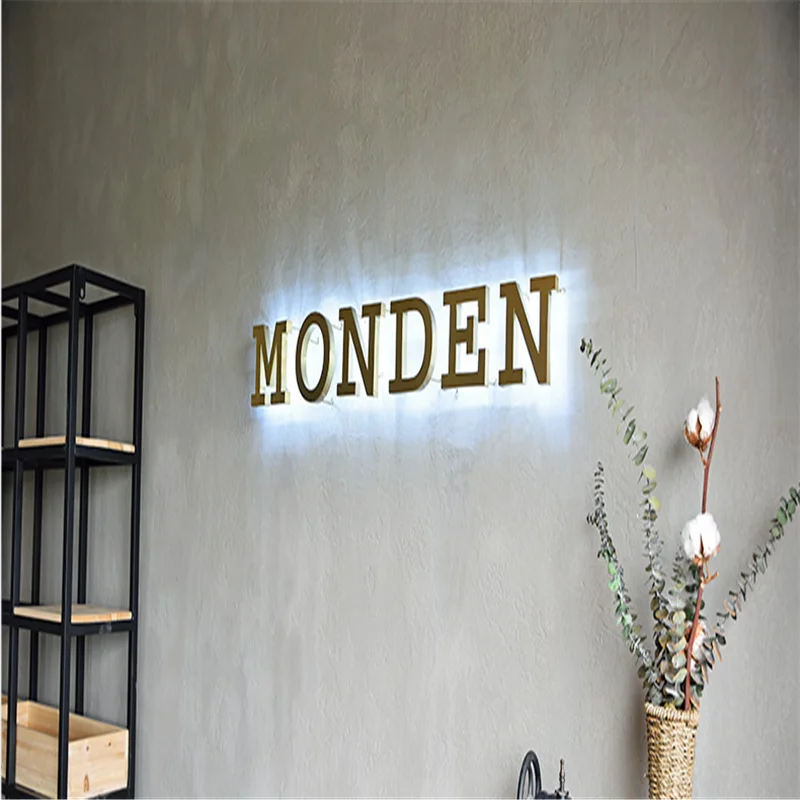 Kundenspezifisches LED-Buchstabenschild aus goldfarbenem, hochglanzpoliertem, gebürstetem Edelstahl mit hintergrundbeleuchtetem LED-Buchstabenschild, hinterbeleuchtetem Store-Business-Logo