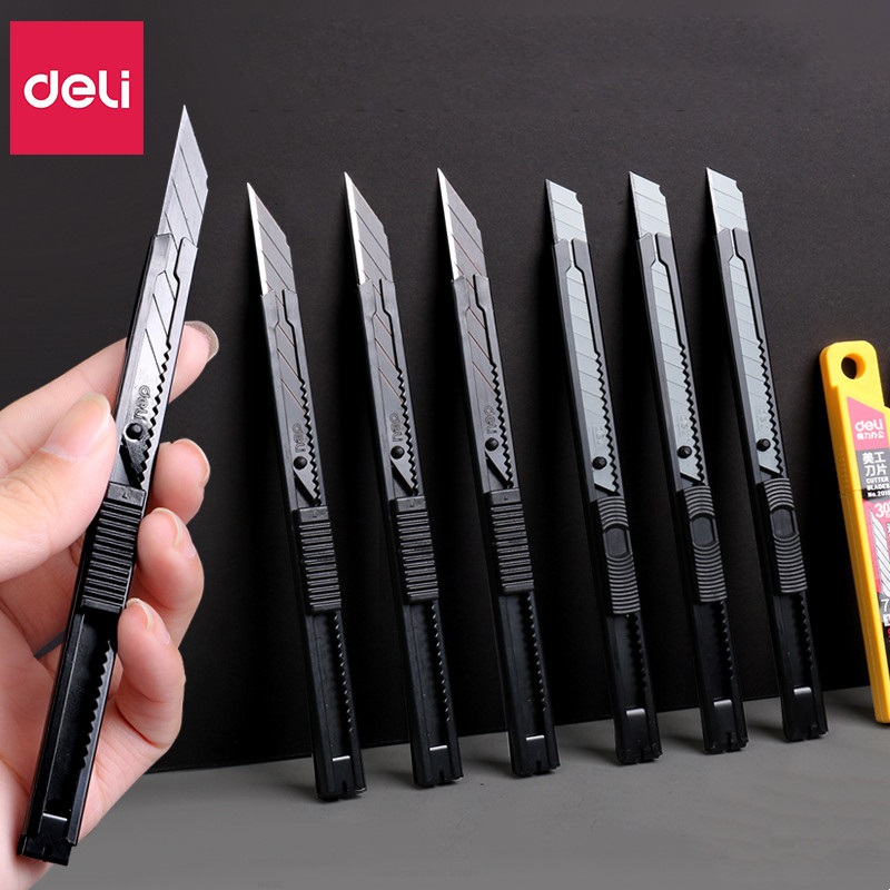 Deli Hợp Kim Nhôm Tiện Ích Mini Di Động Нож Faca Giấy Hướng Dẫn Sử Dụng Kính Mát Unisex Cắt Kim Loại 9 Lưỡi Dao Tự khóa Thiết Kế