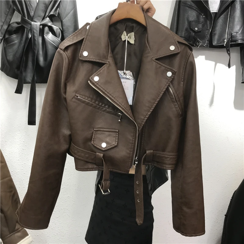 Frühling kurze Frauen schlanke Bandage Khaki schwarz Faux Pu Lederjacke Mode Revers Langarm Oberbekleidung Damen Streetwear G1134